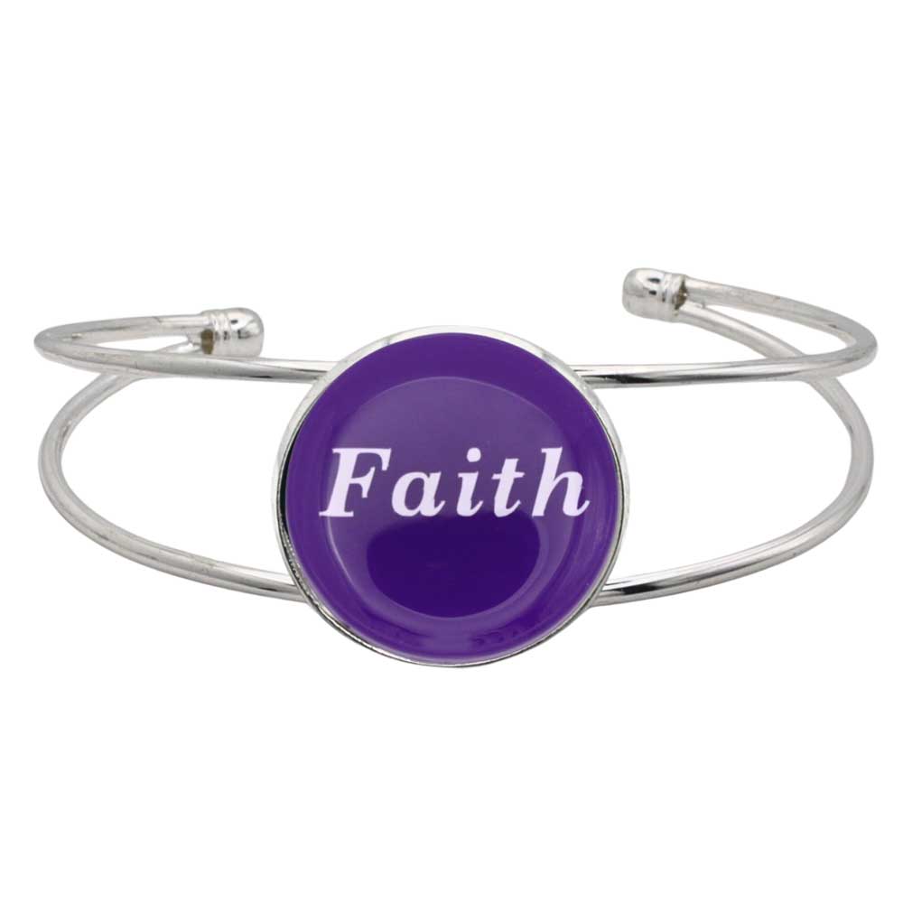 A silver-toned metal cuff bracelet featuring a round purple disc with the word 'Faith' printed in white script, shown on a plain white background – Lilylin Designs