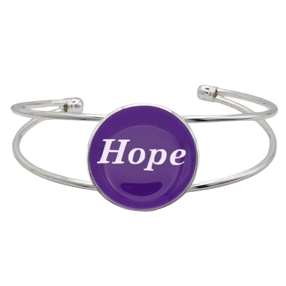 A silver-toned metal cuff bracelet featuring a round purple disc with the word 'Hope' printed in white script, shown on a plain white background – Lilylin Designs