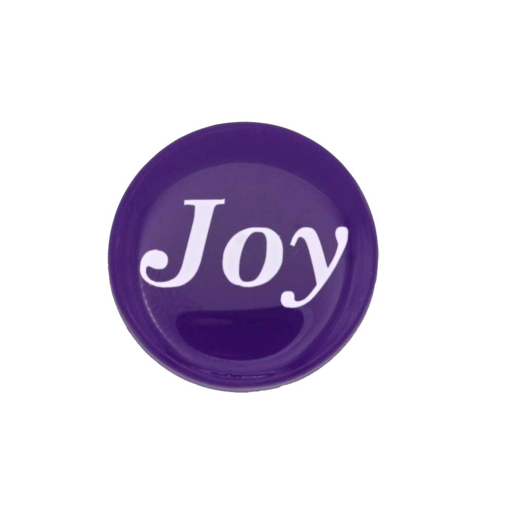 Round purple disc with "Joy" printed in white magnet - Lilylin Designs