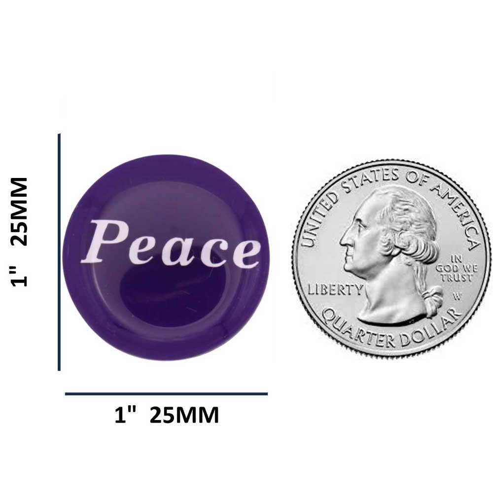 Round purple with white "Peace" magnet with measurements and US Quarter for comparison size - Lilylin Designs