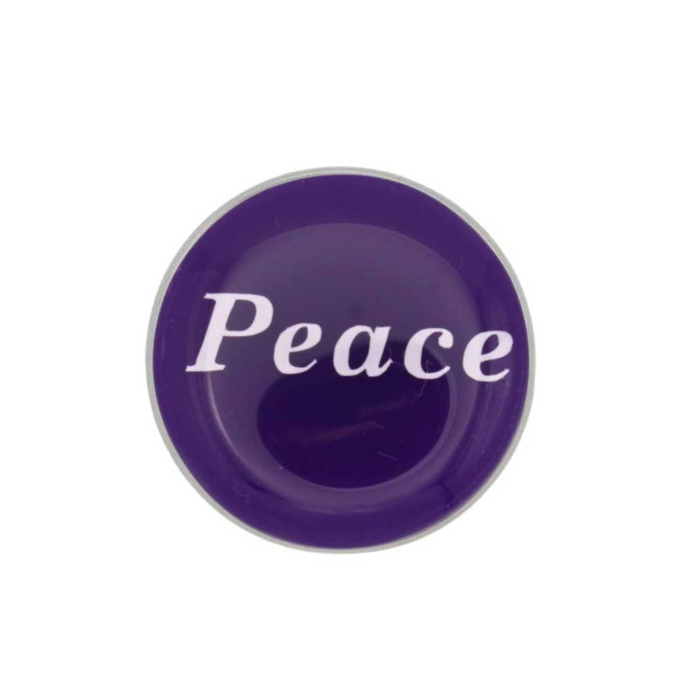 Round purple inspirational pin with Peace in white - Lilylin Designs