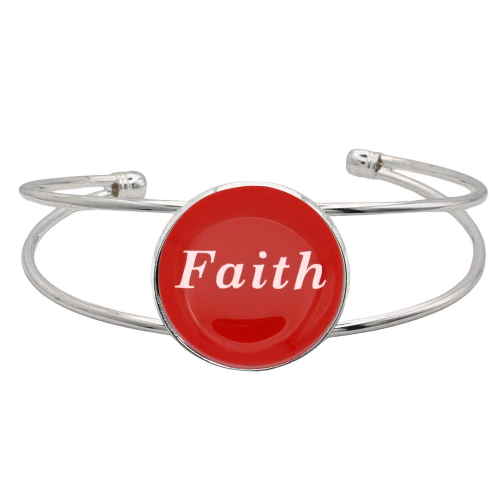 A silver-toned metal cuff bracelet featuring a round red disc with the word 'Faith' printed in white script, shown on a plain white background – Lilylin Designs