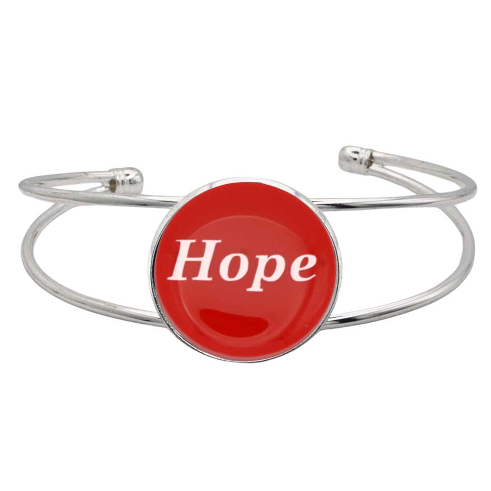 A silver-toned metal cuff bracelet featuring a round red disc with the word 'Hope' printed in white script, shown on a plain white background – Lilylin Designs