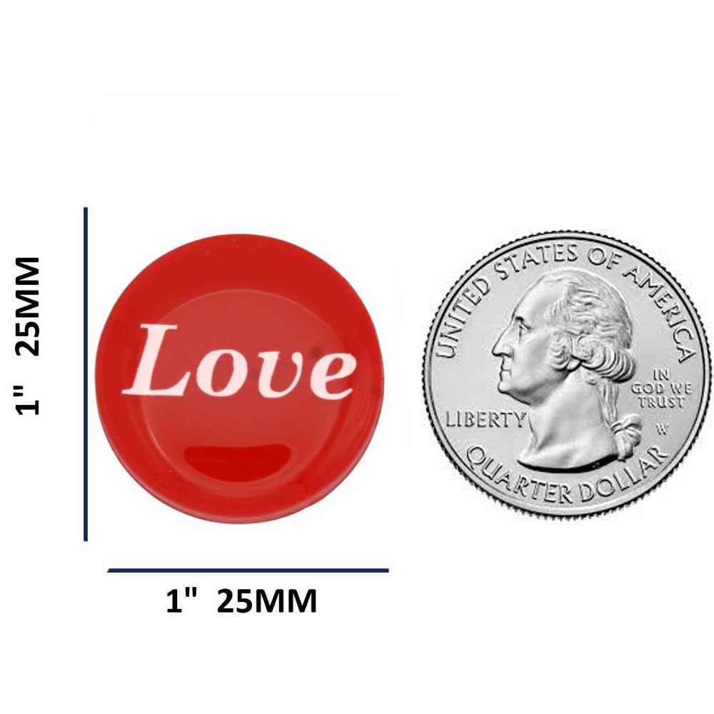 Round red with white love magnet with measurements and US Quarter for comparison size - Lilylin Designs
