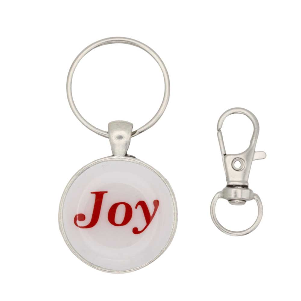 Round white disc with Joy in red keychain and bag charm with hook - Lilylin Designs