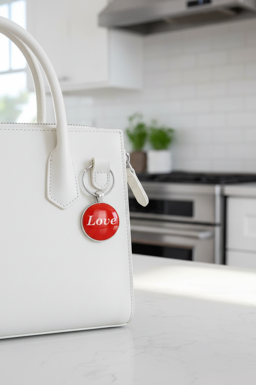 A white leather handbag with a red circular charm that says 'Love' in white script, shown on a kitchen countertop with a blurred kitchen background.