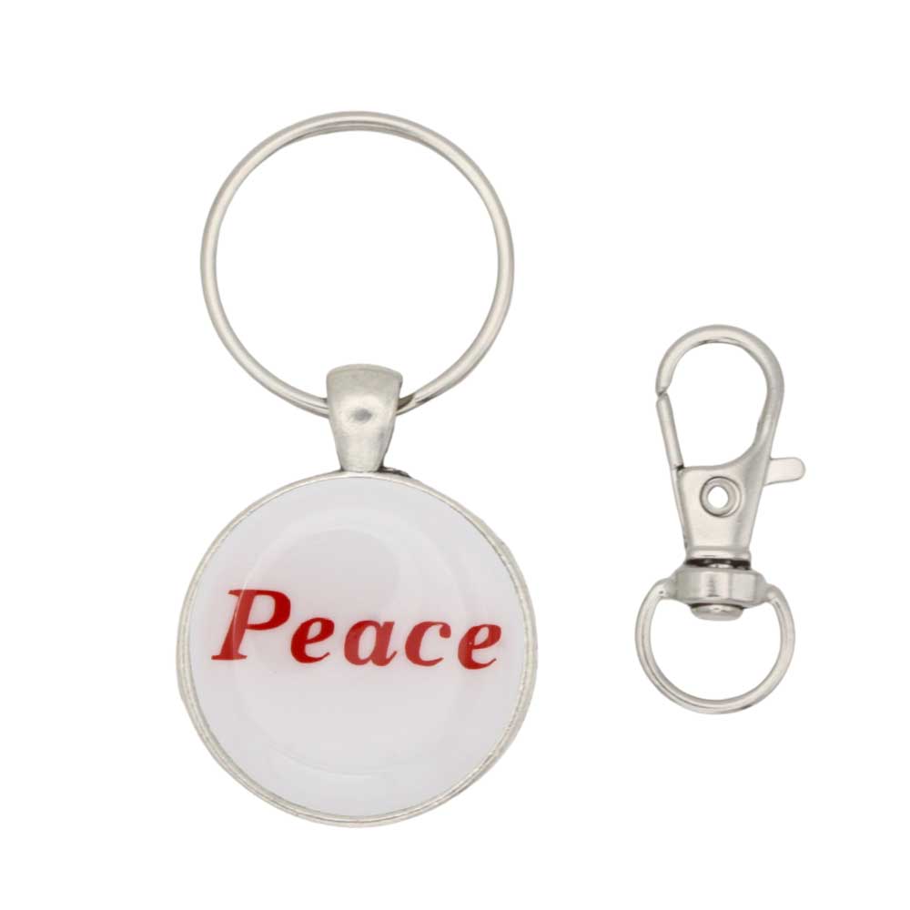 Round white disc with Peace in red keychain and bag charm with hook - Lilylin Designs