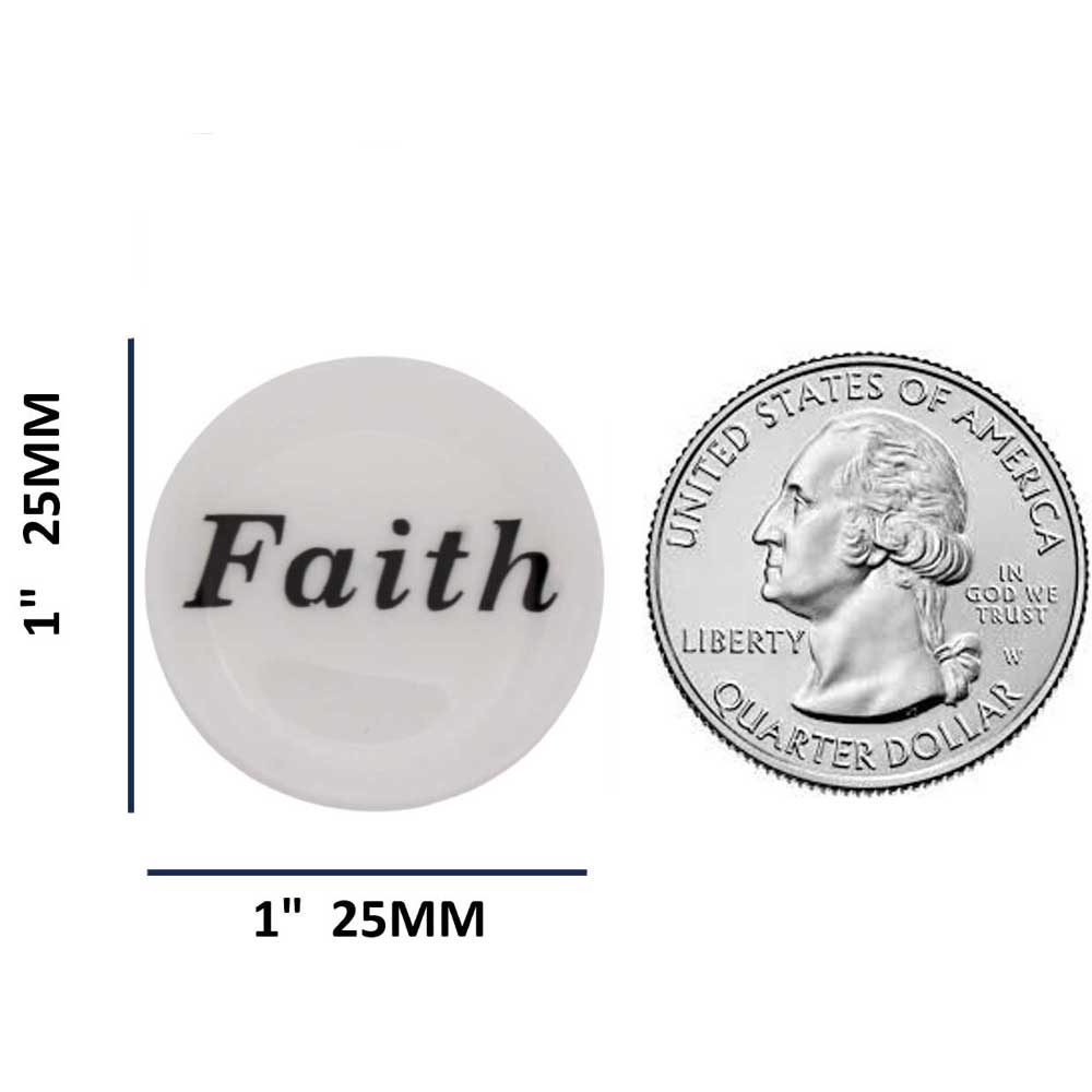 Round white with black "Faith" magnet with measurements and US Quarter for comparison size - Lilylin Designs