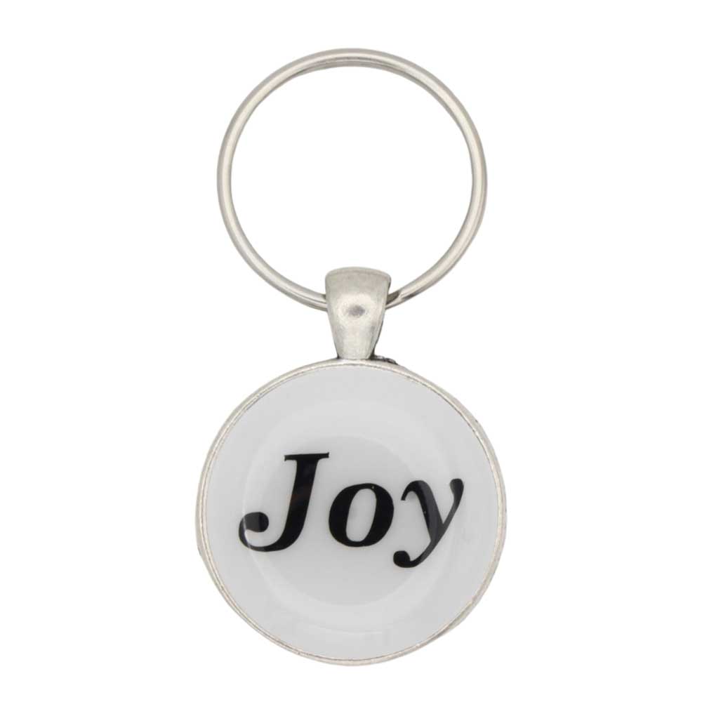 Round white disc with Joy in black keychain and bag charm - Lilylin Designs
