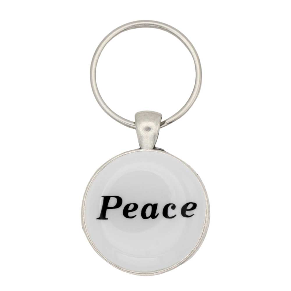 Round white disc with Peace in black keychain and bag charm - Lilylin Designs