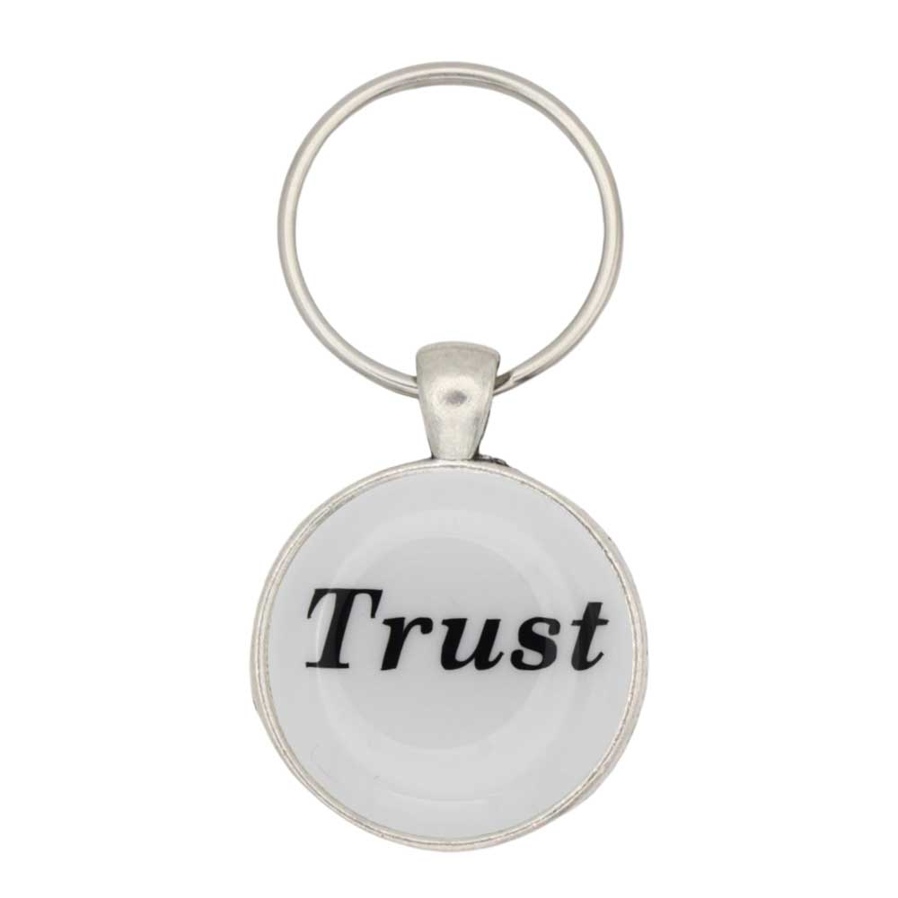 Round white disc with Trust in black keychain and bag charm - Lilylin Designs