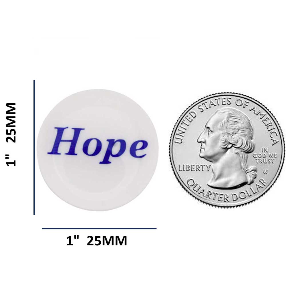 Round white with blue "Hope" magnet with measurements and US Quarter for comparison size - Lilylin Designs