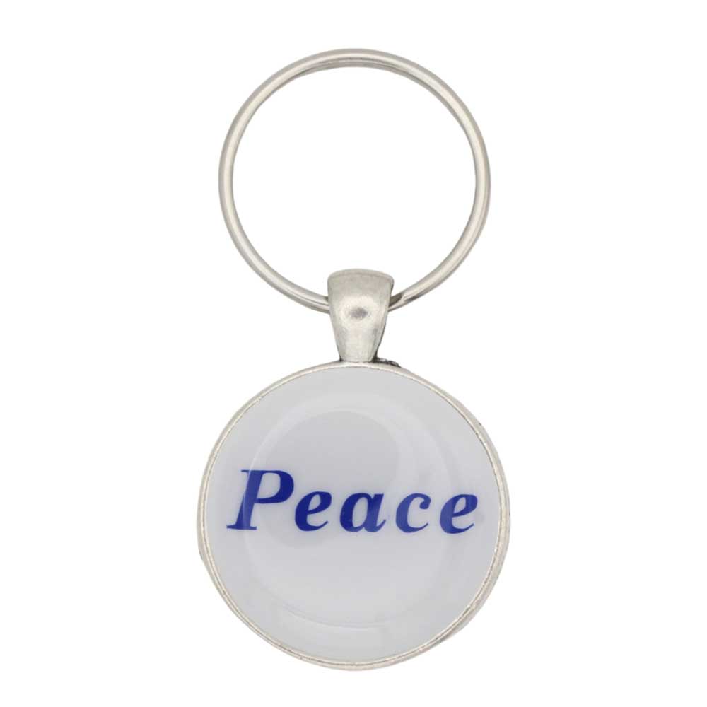 Round white disc with Peace in blue keychain and bag charm - Lilylin Designs