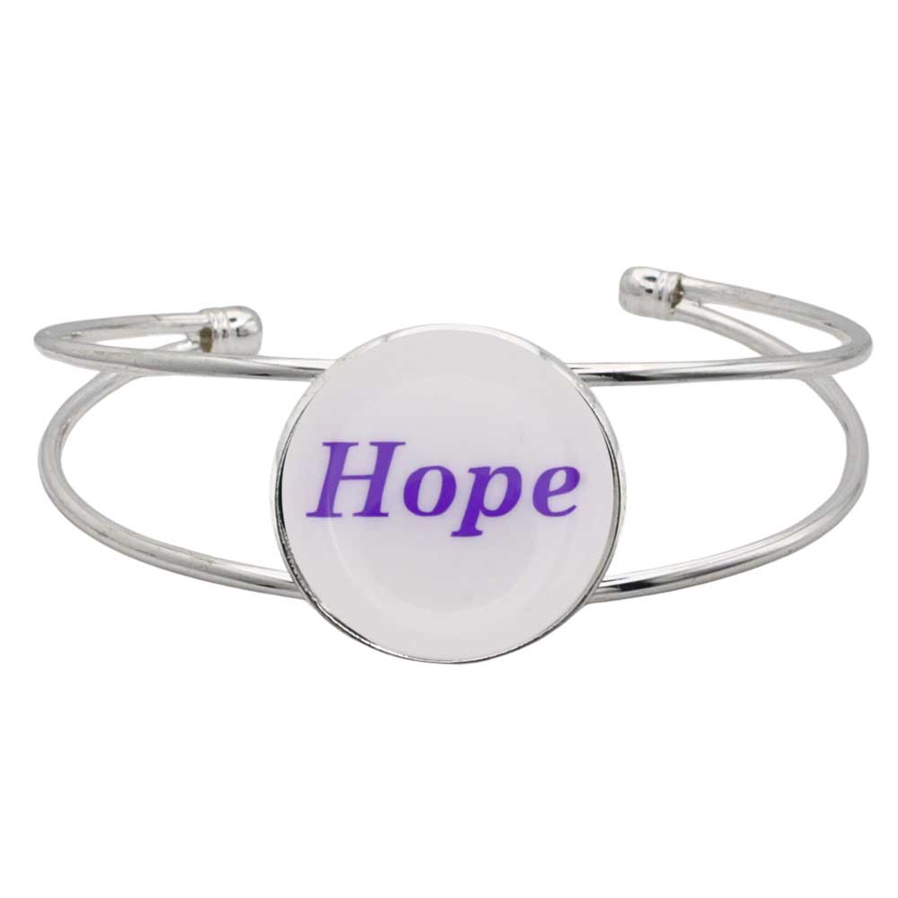 A silver-toned metal cuff bracelet featuring a round white disc with the word “Hope” printed in purple script, shown on a plain white background – Lilylin Designs