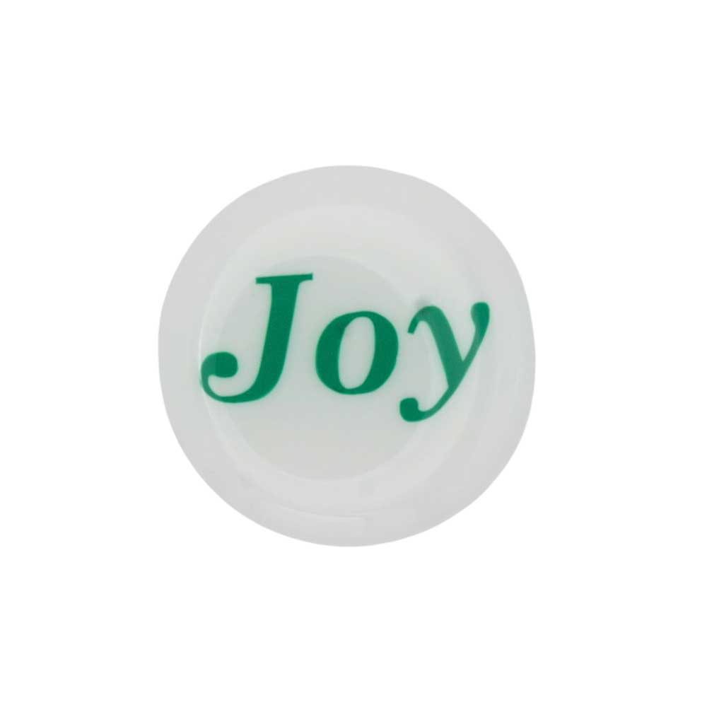 Round white disc with "Joy" printed in green magnet - Lilylin Designs
