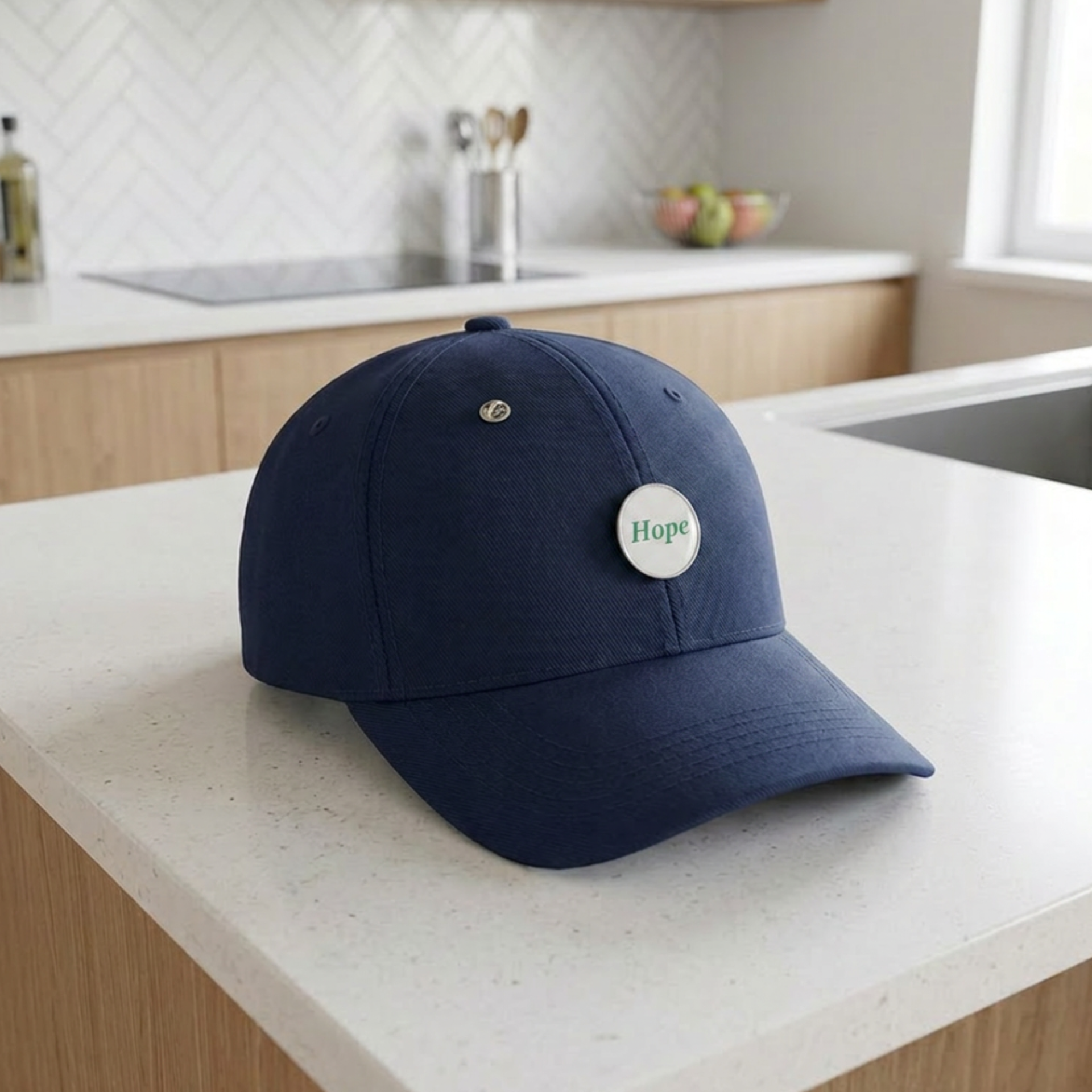 Round white inspirational disc printed with Hope in green on baseball cap on countertop - Lilylin Designs