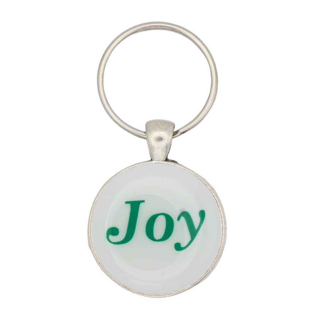 Round white disc with Joy in green keychain and bag charm - Lilylin Designs