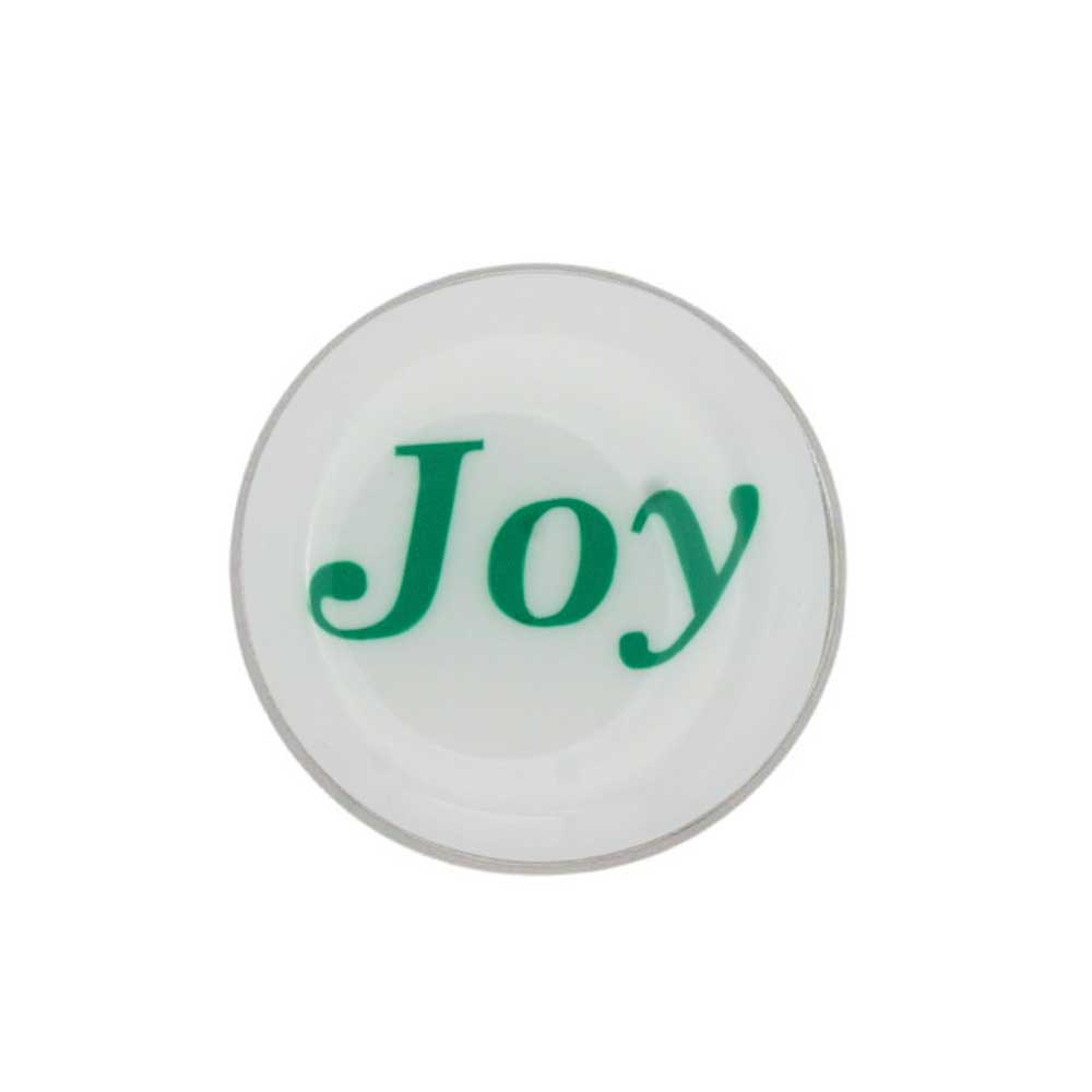 Round white inspirational disc printed with Joy in green lapel pin - Lilylin Designs