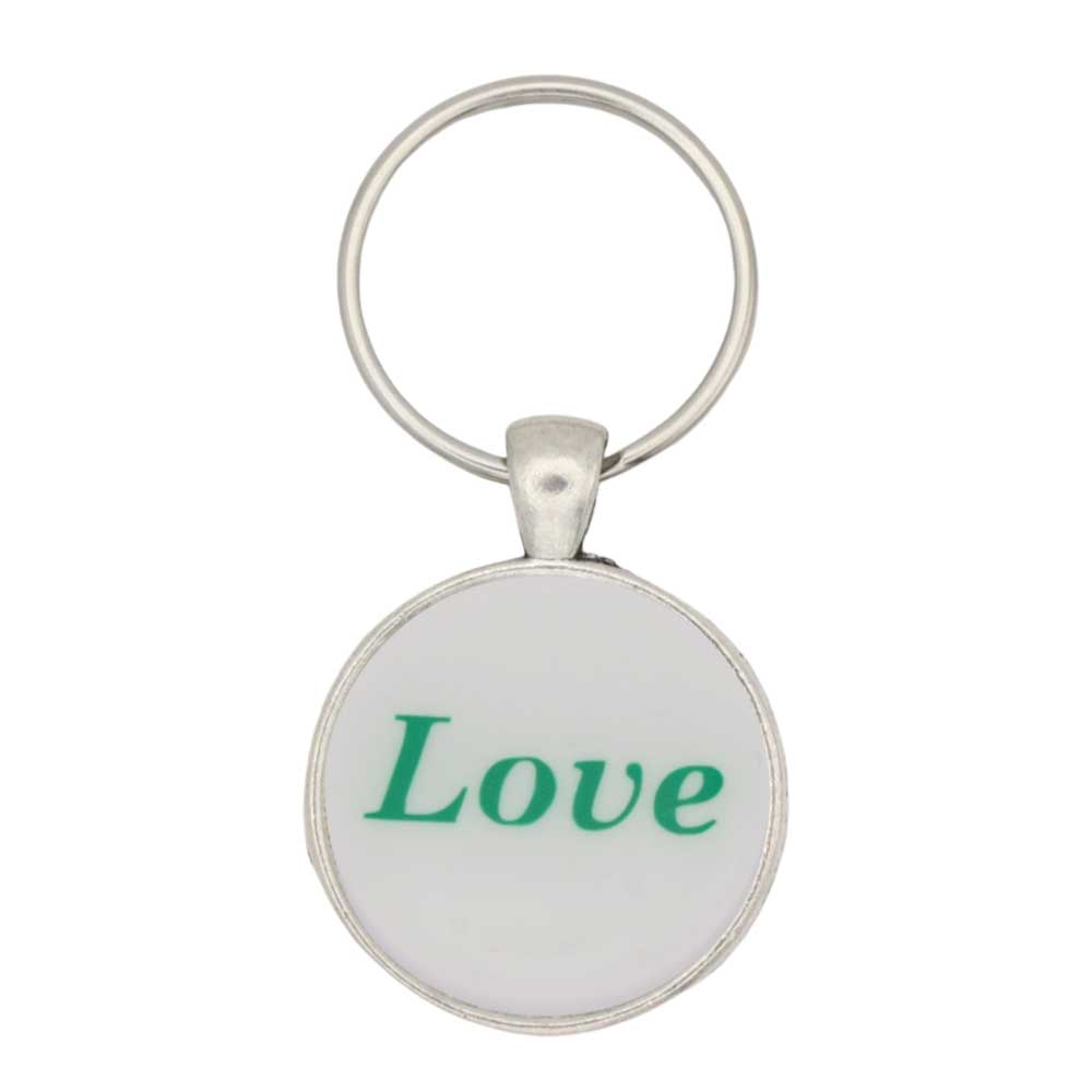 White disc with Love in green print keychain bag charm - Lilylin Designs