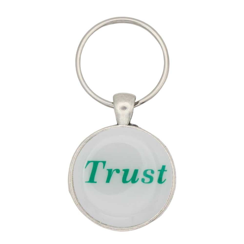 Round white disc with Trust in green keychain and bag charm - Lilylin Designs