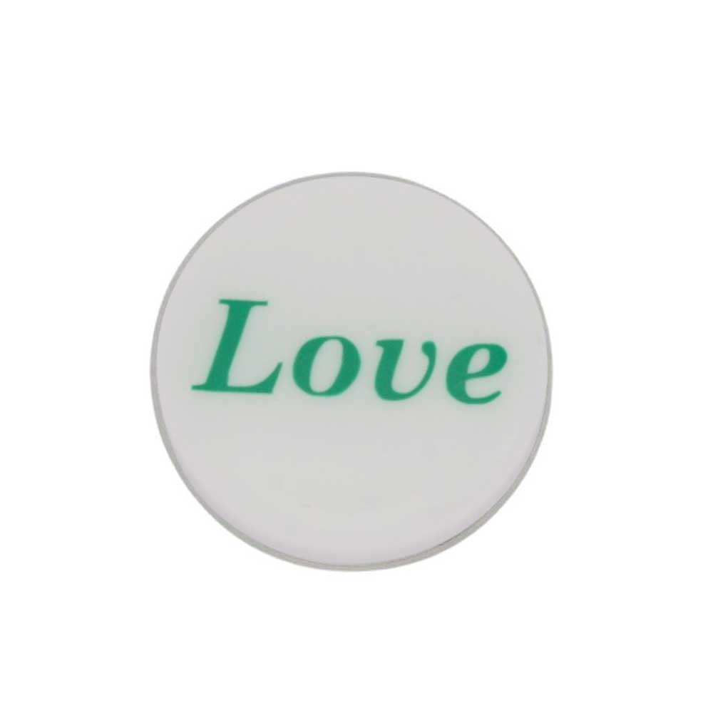 Round white inspirational pin with Love in green - Lilylin Designs