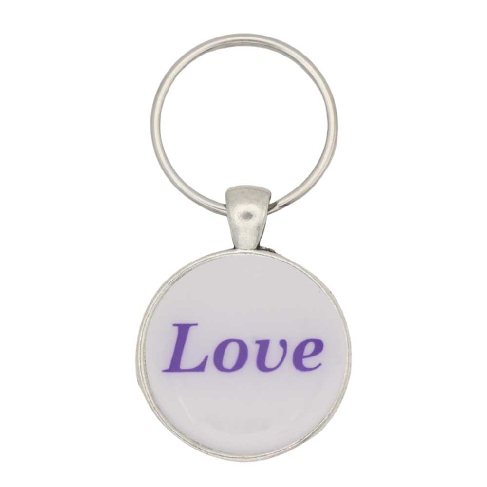 White disc with Love in pruple print keychain bag charm - Lilylin Designs