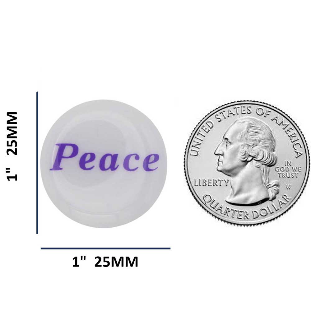 Round white with purple "Peace" magnet with measurements and US Quarter for comparison size - Lilylin Designs