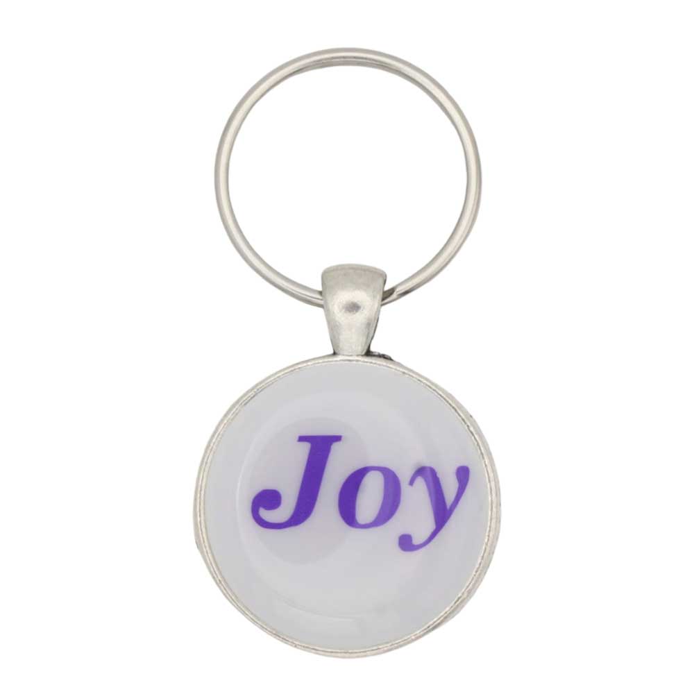Round white disc with Joy in purple keychain and bag charm - Lilylin Designs