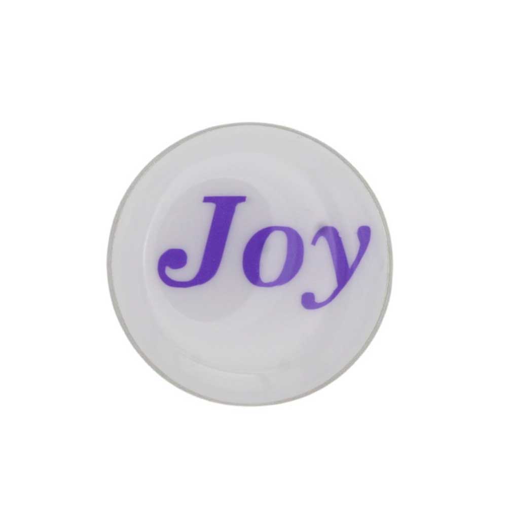 Round white inspirational disc printed with Joy in purple lapel pin - Lilylin Designs
