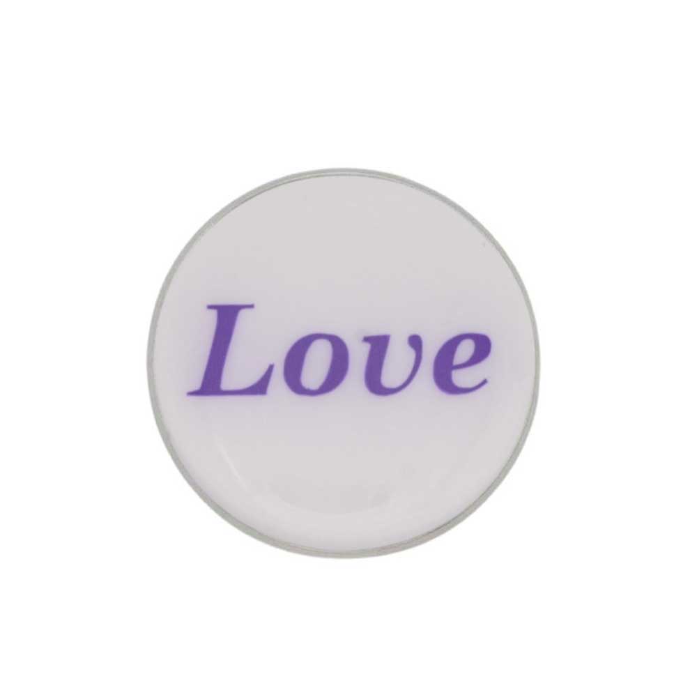 Round white inspirational pin with Love in purple - Lilylin Designs