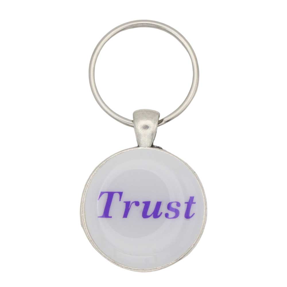 Round white disc with Trust in purple keychain and bag charm - Lilylin Designs