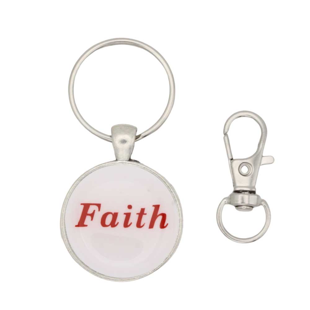 White disc with Faith in red print keychain bag charm with hook - Lilylin Designs