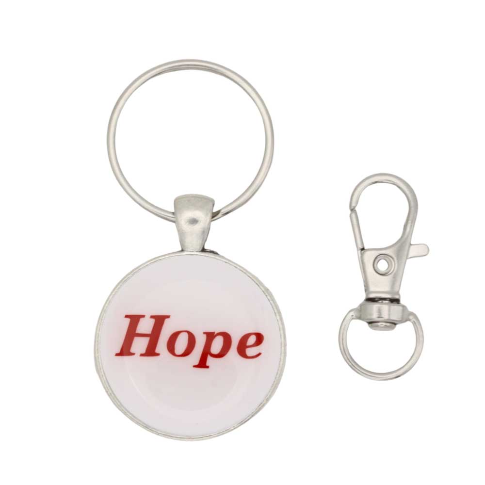 White disc with Hope in red print keychain bag charm with hook - Lilylin Designs