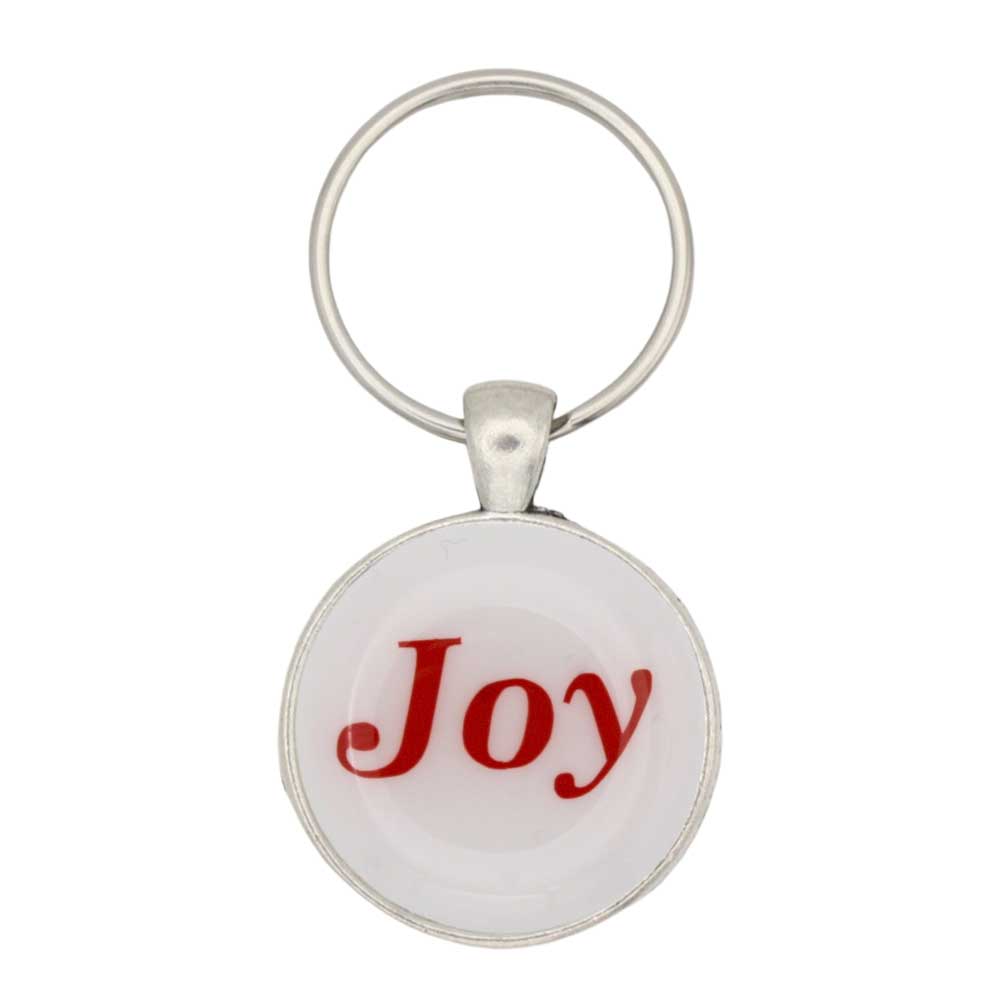 Round white disc with Joy in red keychain and bag charm - Lilylin Designs