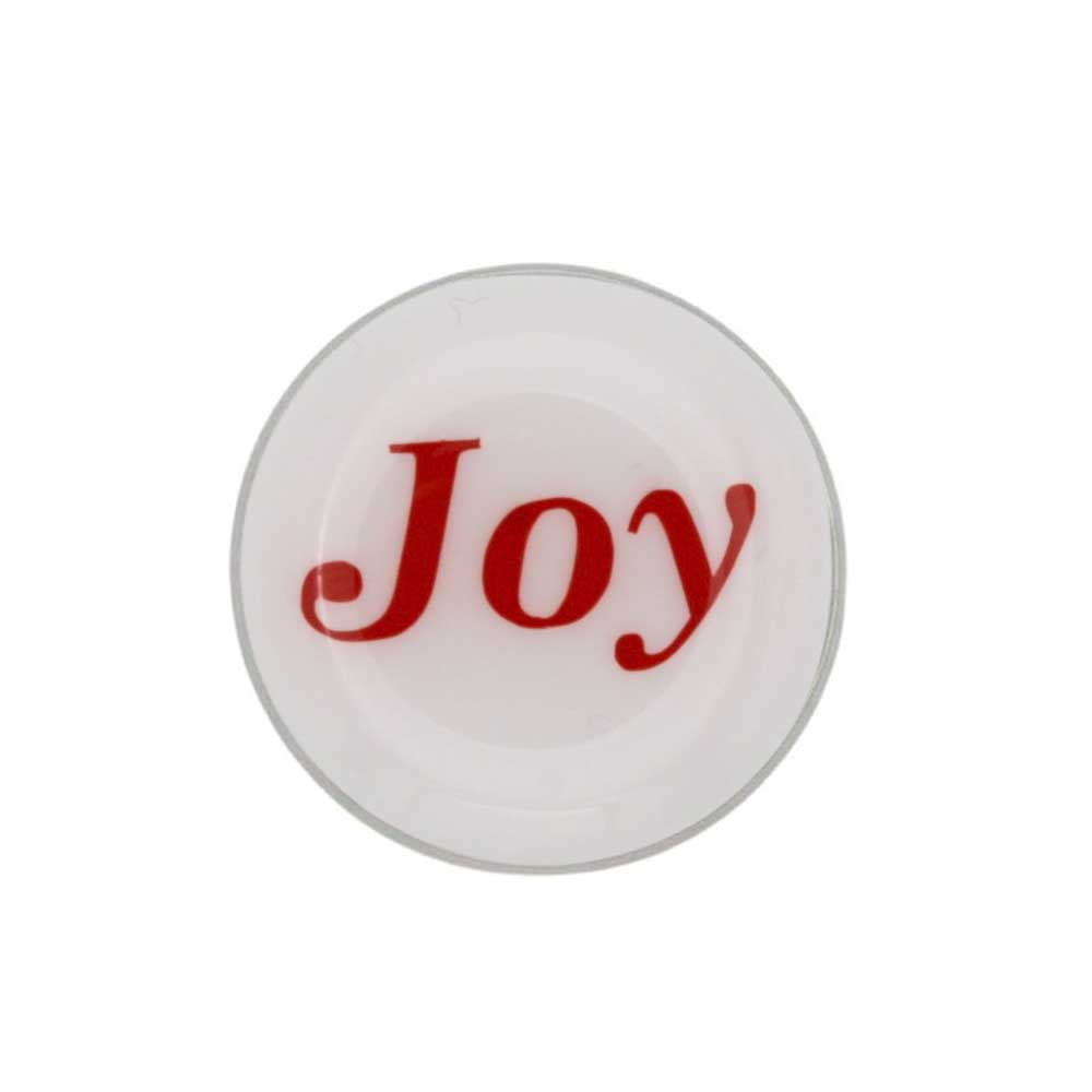 Round white inspirational disc printed with Joy in red lapel pin - Lilylin Designs