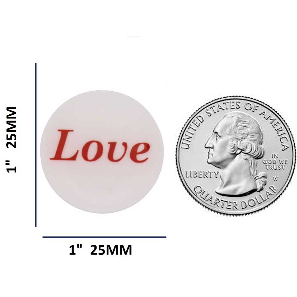 Round white with red love magnet with measurements and US Quarter for comparison size - Lilylin Designs