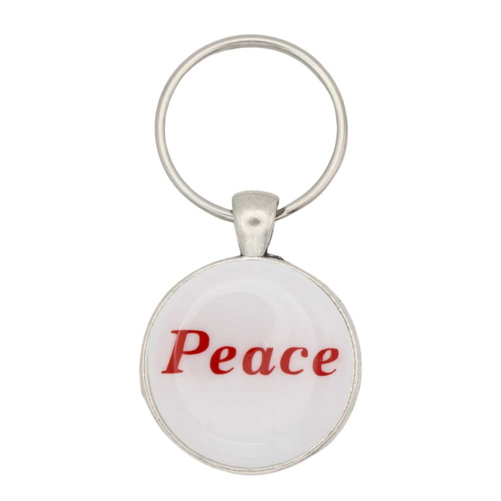Round white disc with Peace in red keychain and bag charm - Lilylin Designs