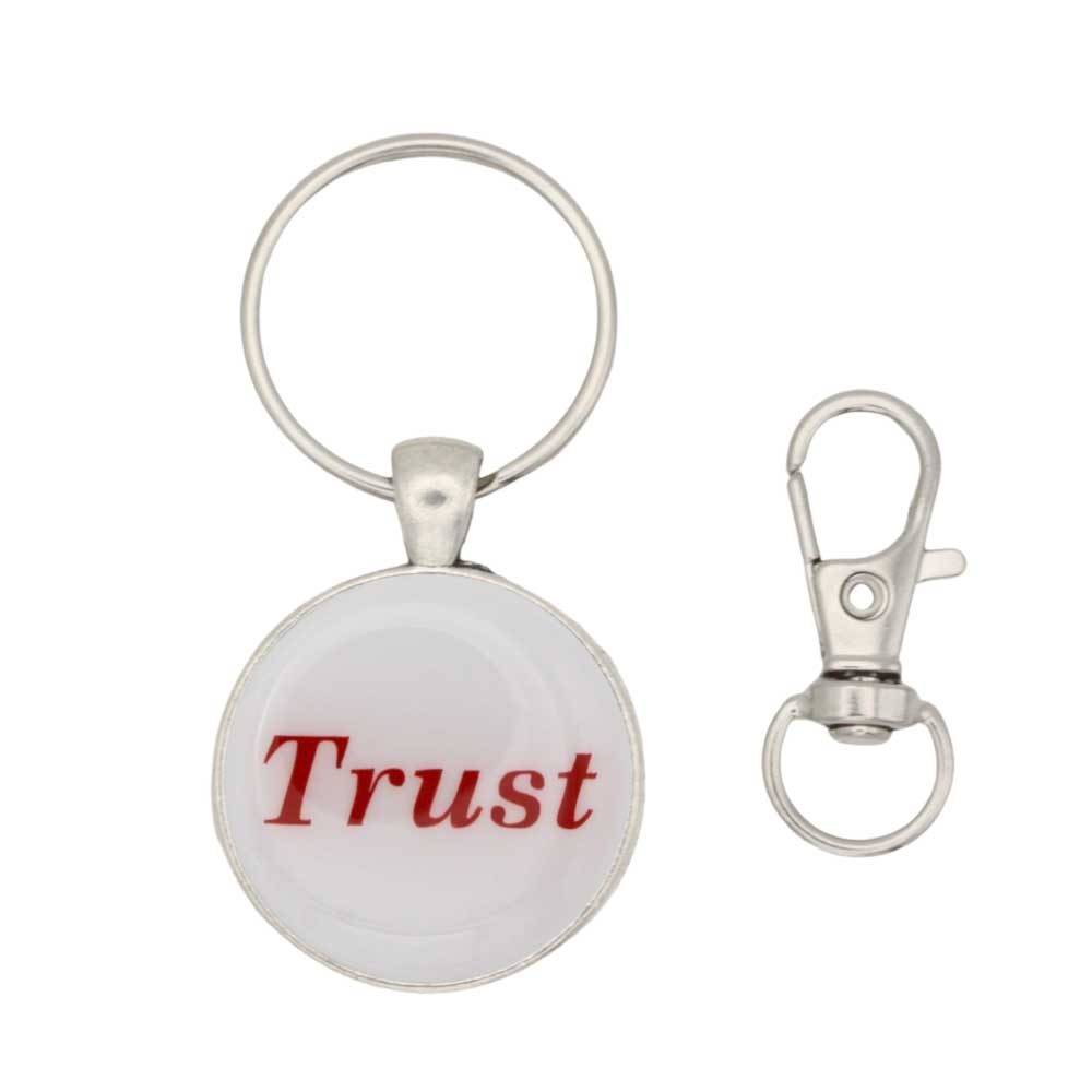 Round white disc with Trust in red keychain and bag charm with hook - Lilylin Designs