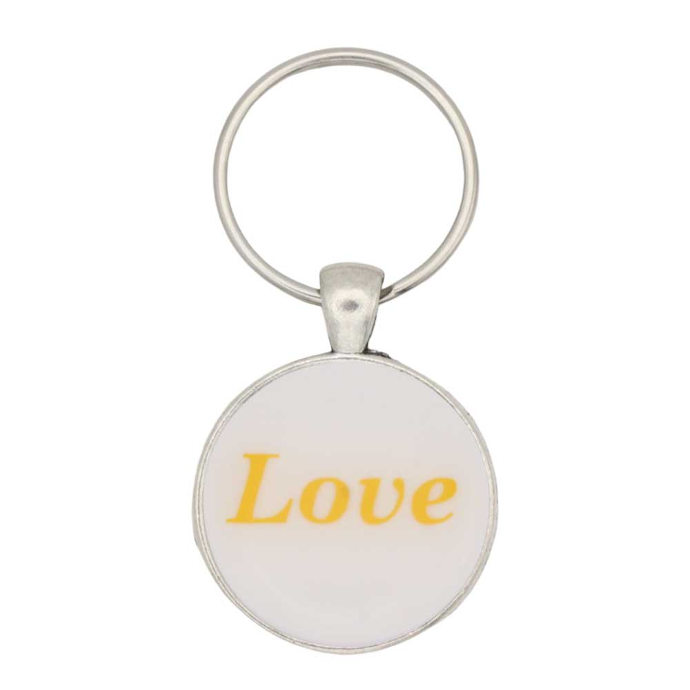 White disc with Love in yellow print keychain bag charm - Lilylin Designs