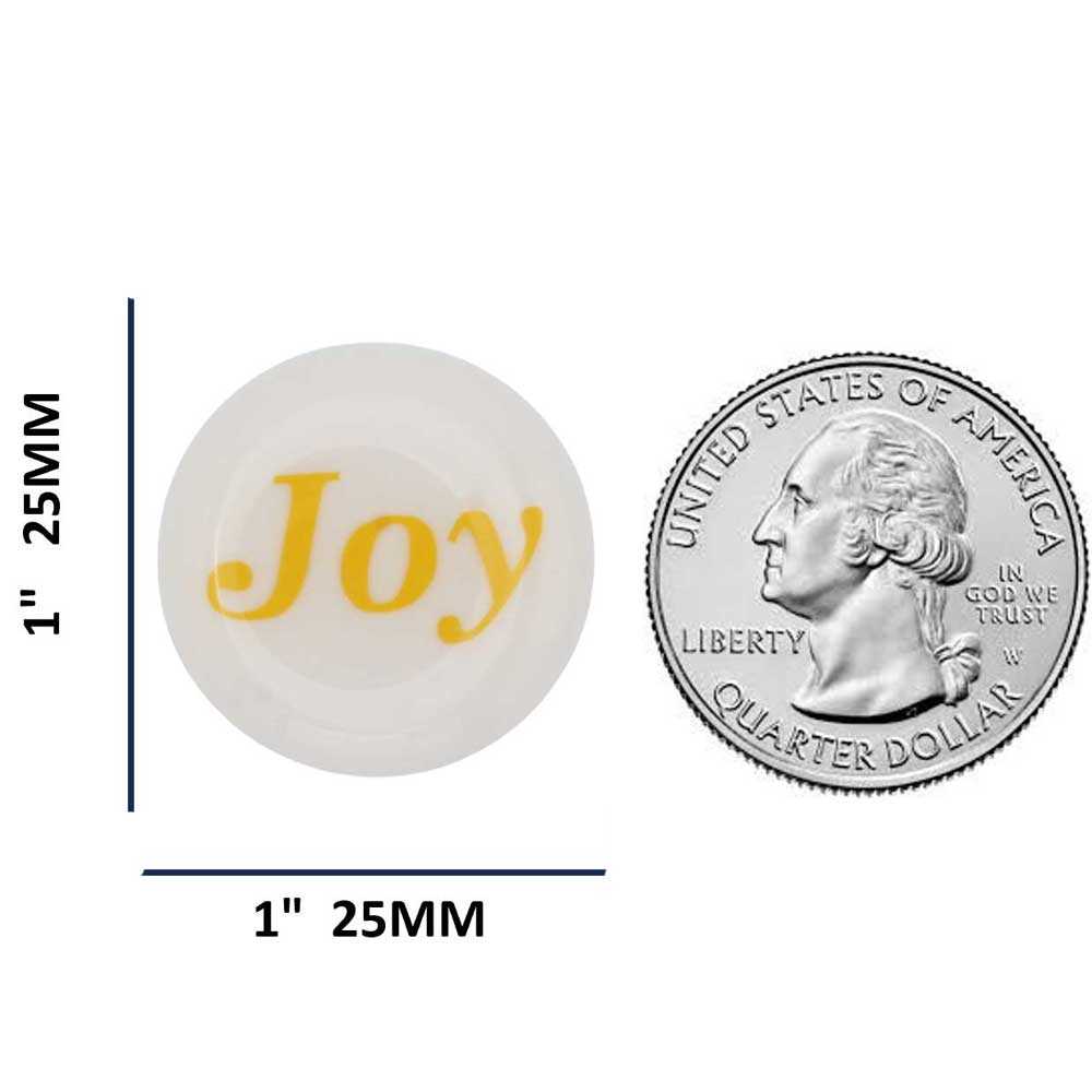 Round white with yellow joy magnet with measurements and US Quarter for comparison size - Lilylin Designs
