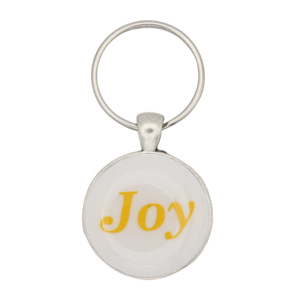 Round white disc with Joy in yellow keychain and bag charm - Lilylin Designs