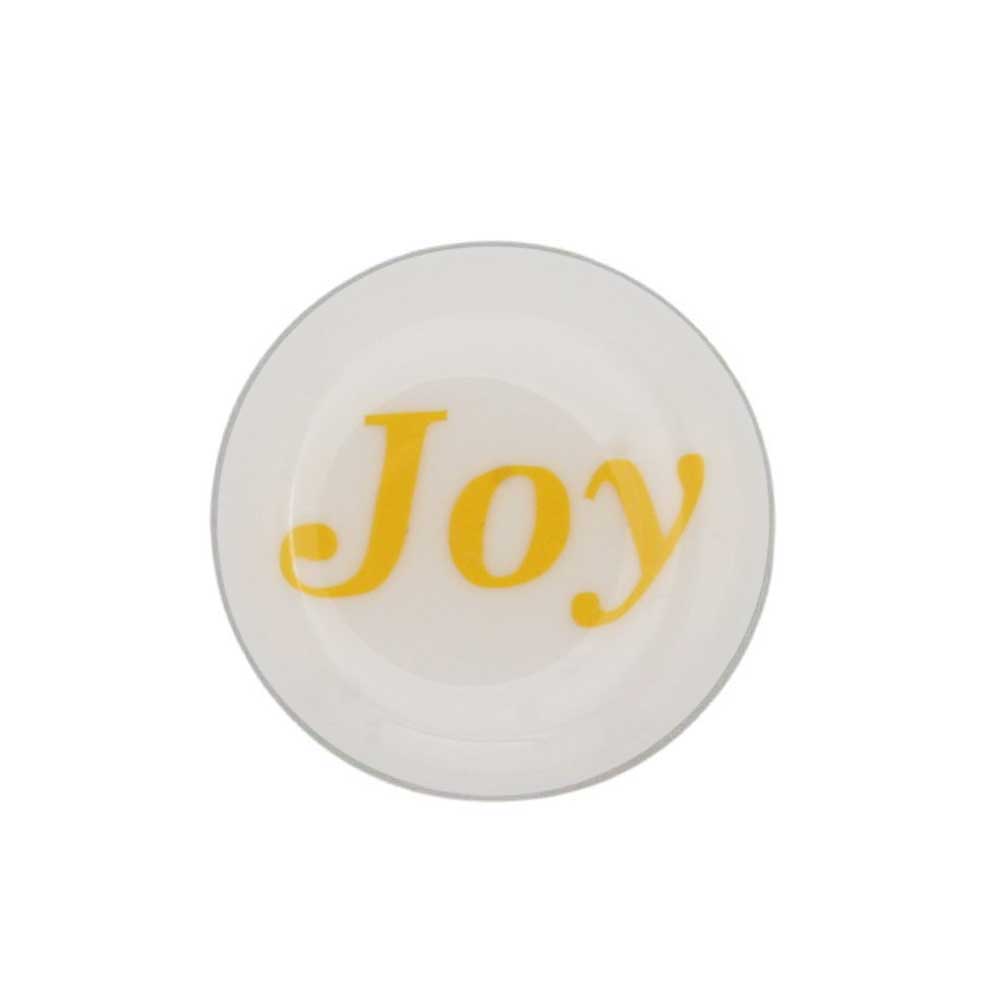 Round white inspirational disc printed with Joy in yellow lapel pin - Lilylin Designs
