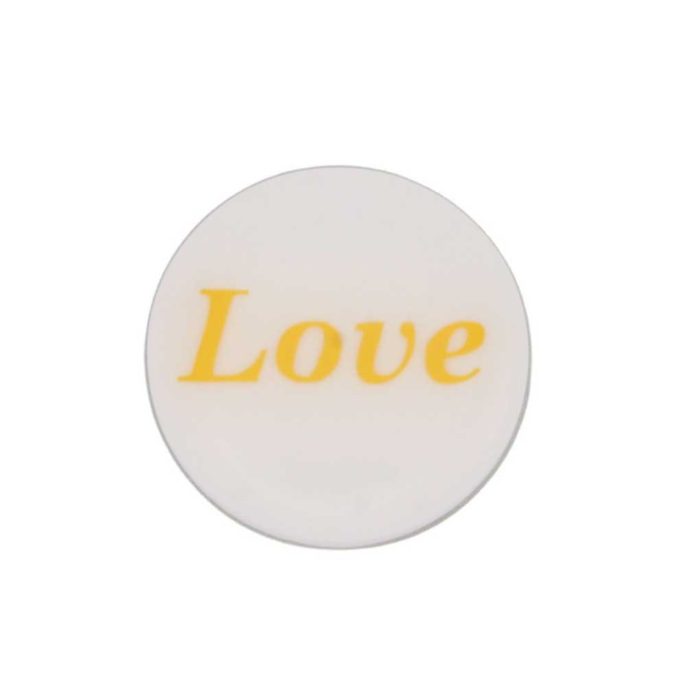 Round white inspirational pin with Love in yellow - Lilylin Designs