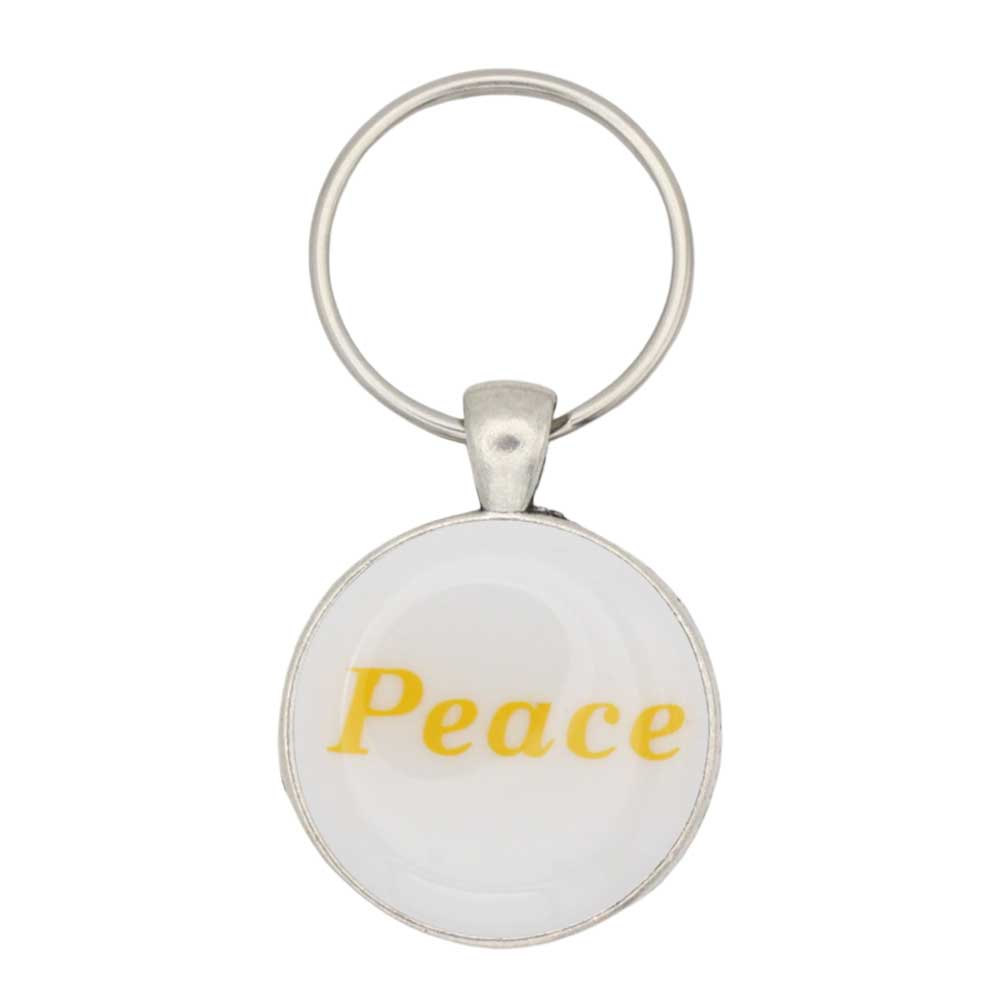 Round white disc with Peace in yellow keychain and bag charm - Lilylin Designs