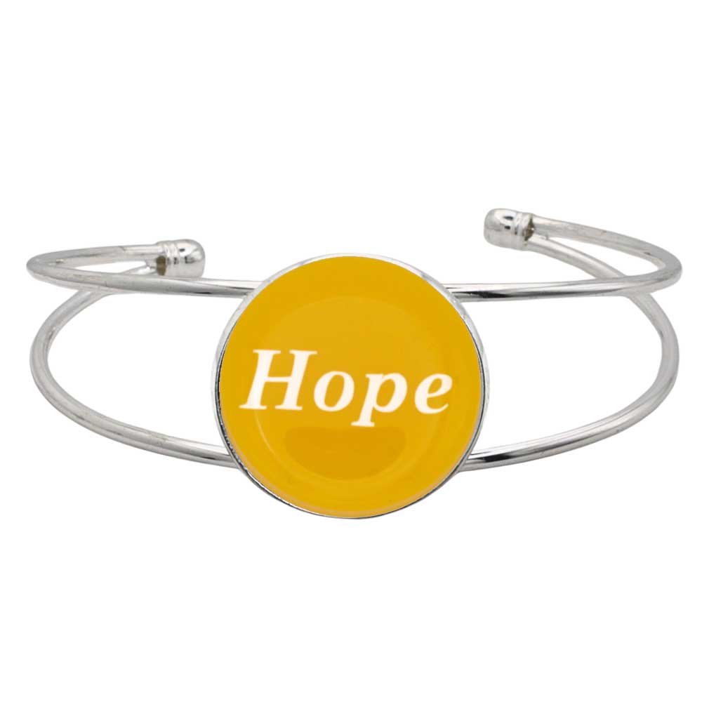 A silver-toned metal cuff bracelet featuring a round yellow disc with the word 'Hope' printed in white script, shown on a plain white background – Lilylin Designs