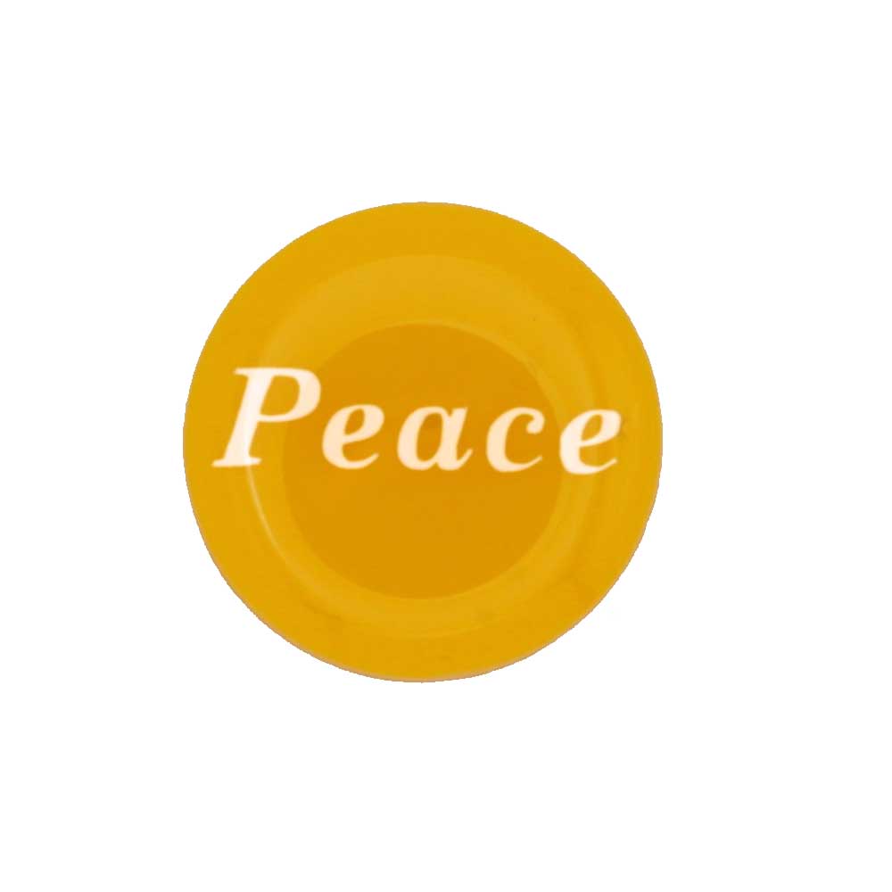 Round yellow disc with "Peace" printed in white magnet - Lilylin Designs