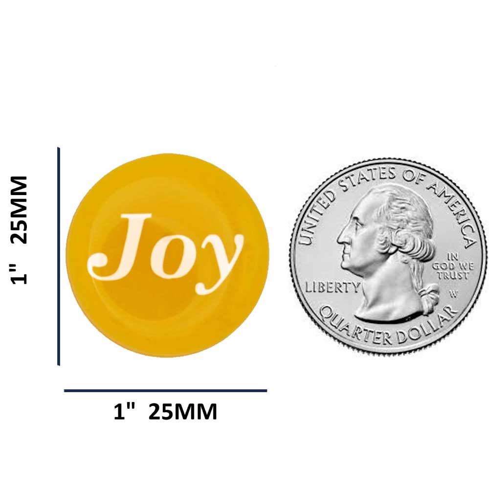 Round yellow with white "Joy" magnet with measurements and US Quarter for comparison size - Lilylin Designs