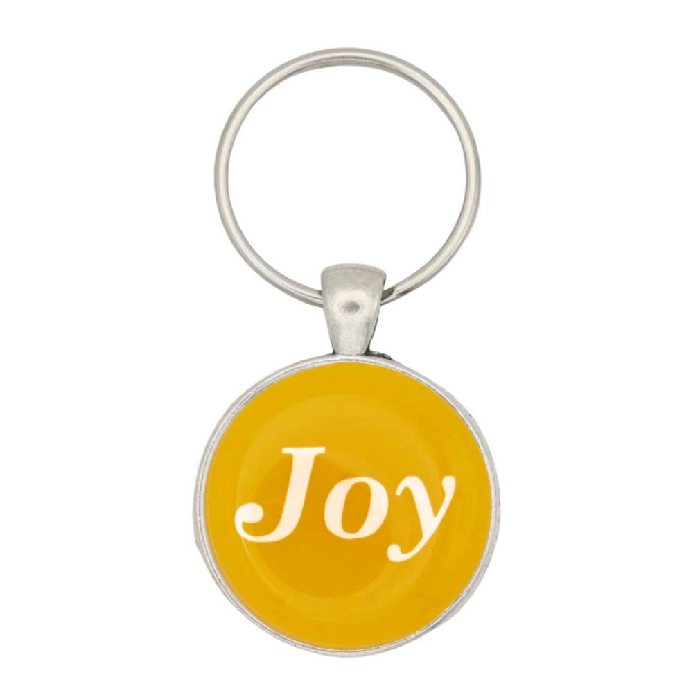 Round yellow disc with Joy in white keychain and bag charm - Lilylin Designs
