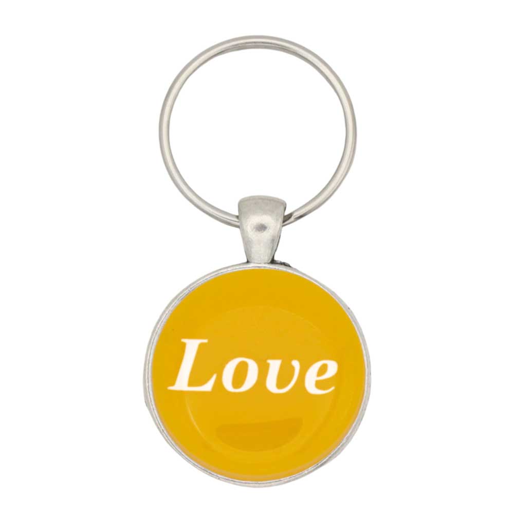 Yellow disc with Love in white print keychain bag charm - Lilylin Designs