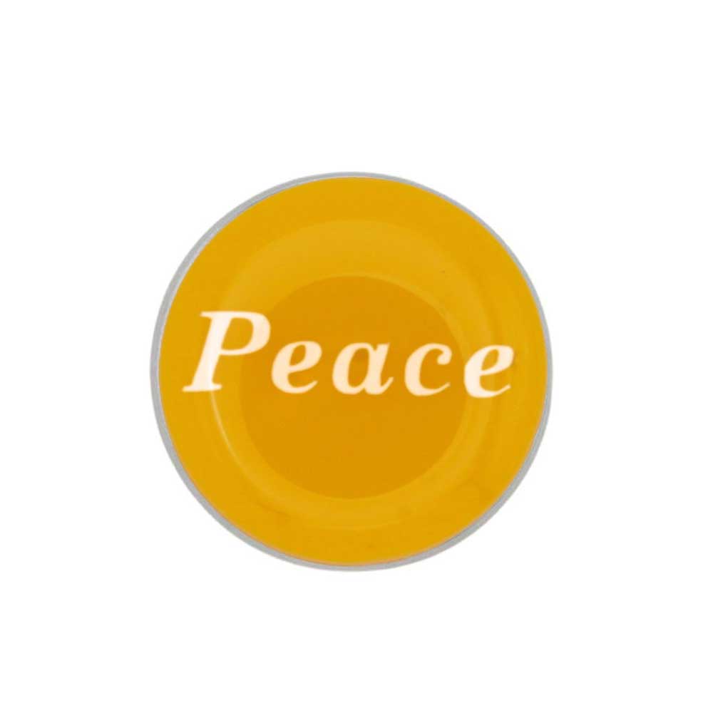 Round yellow inspirational pin with Peace in white - Lilylin Designs